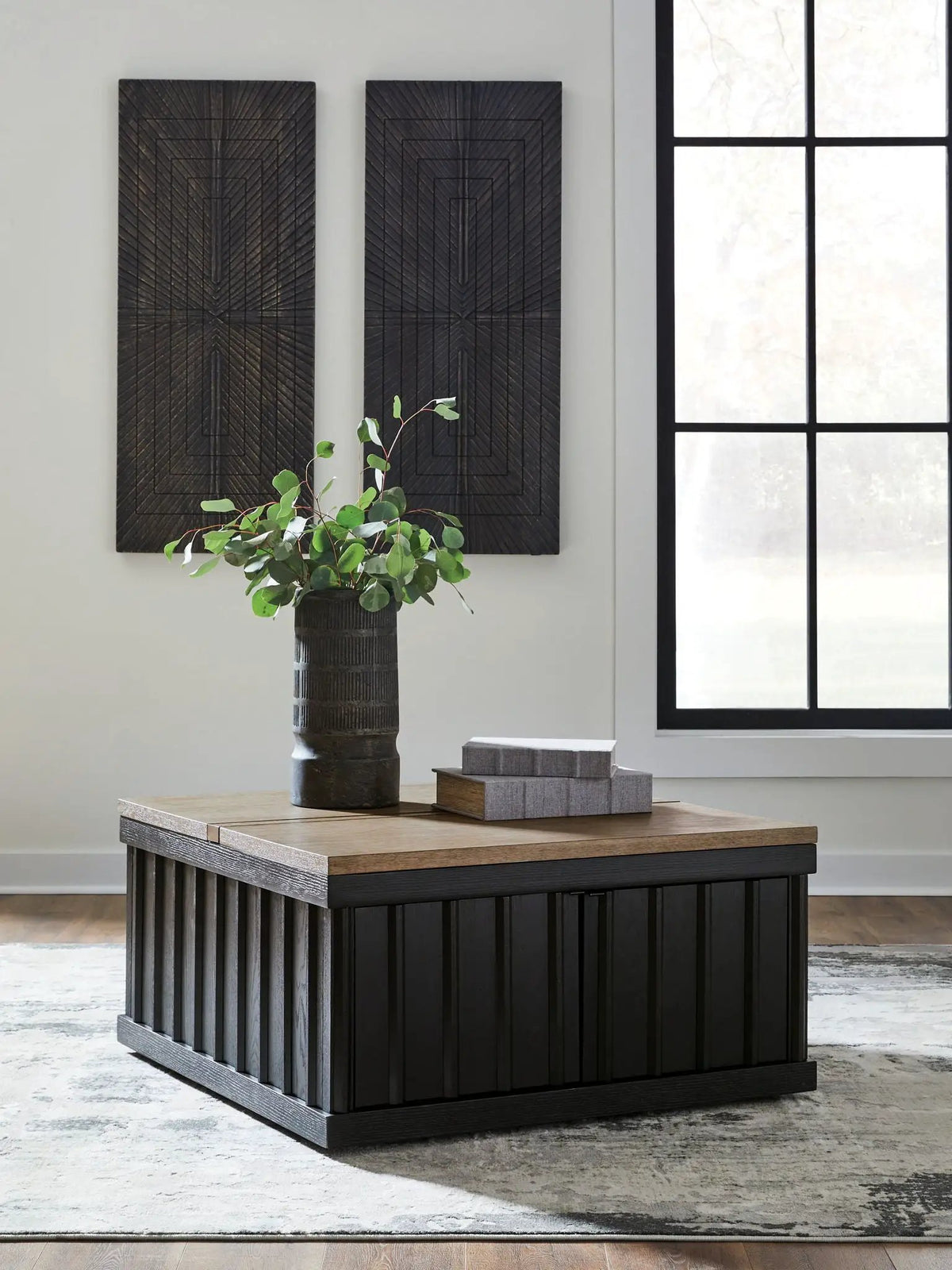 Rylandyn Lift Top Cocktail Table | Black And Light Brown | 36 Inch Square | Door Storage