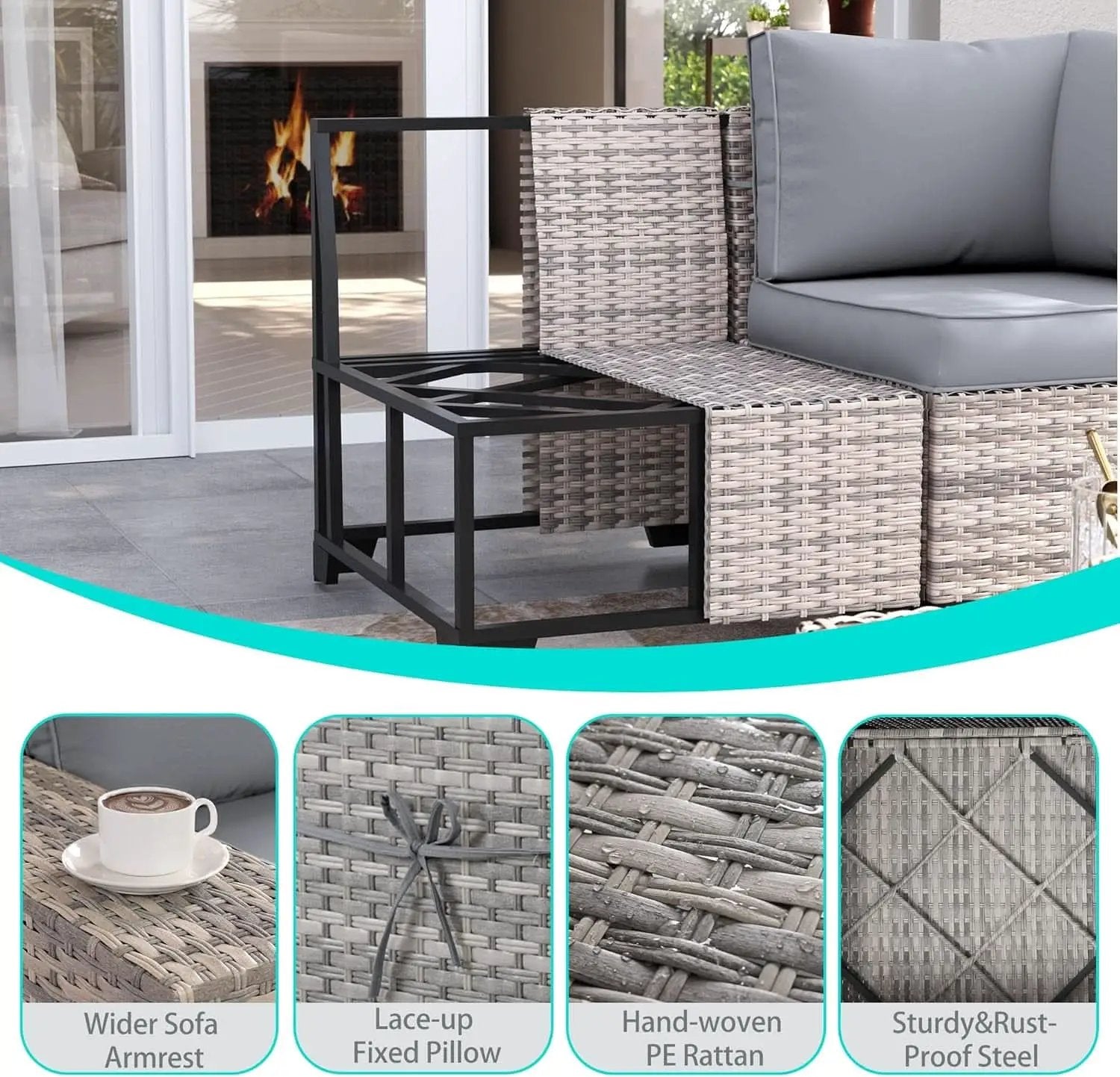 6-Piece Outdoor Wicker Patio Set With Grey Cushions from PriceLows™