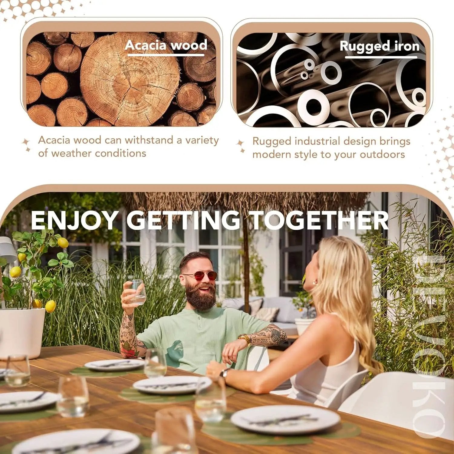 Acacia Wood Dining Table For 6 With Iron Legs IndoorOutdoor from PriceLows™