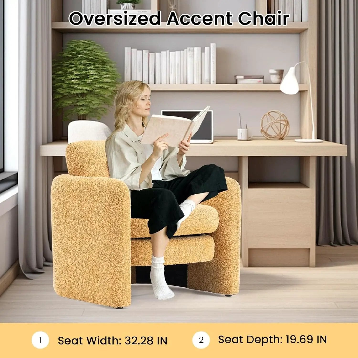 Oversized Accent Chair Yellow Chenille Armchair Living from PriceLows™