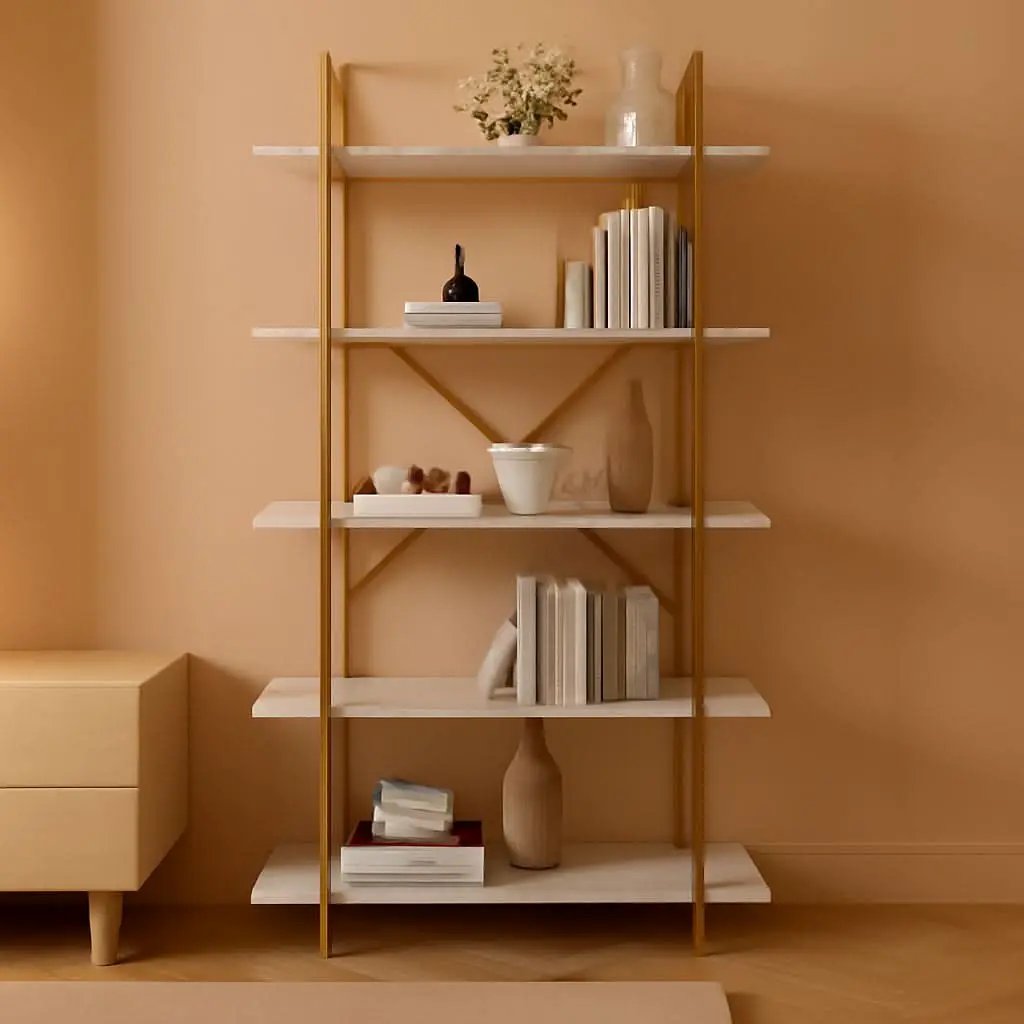 Five Tier Bookshelf Organizer White Faux Marble Metal Open Display from PriceLows™