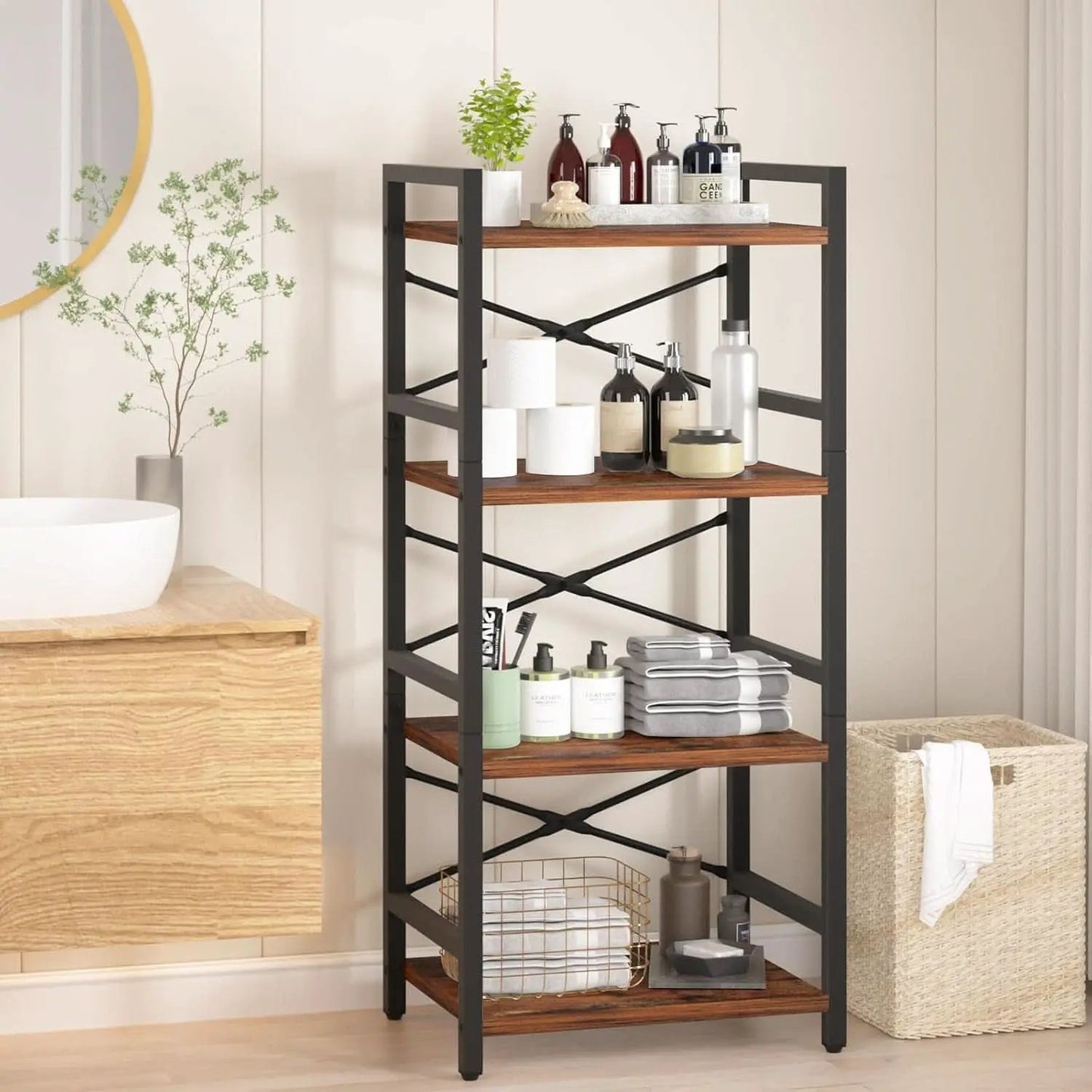 Industrial 4 Tier Narrow Bookcase Berry Brown Space Saving from PriceLows™