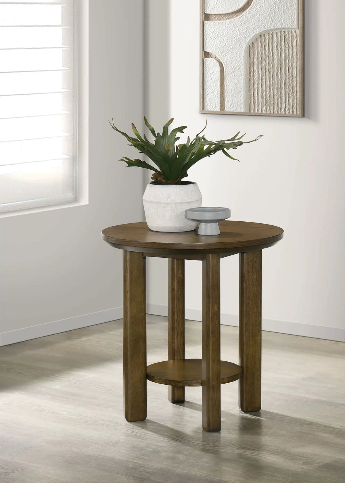 Ottowa 22-Inch Round Wood Side End Table with Shelf | 22 x 22 x 23.75 in | Solid Wood & Oak Veneer | Brown