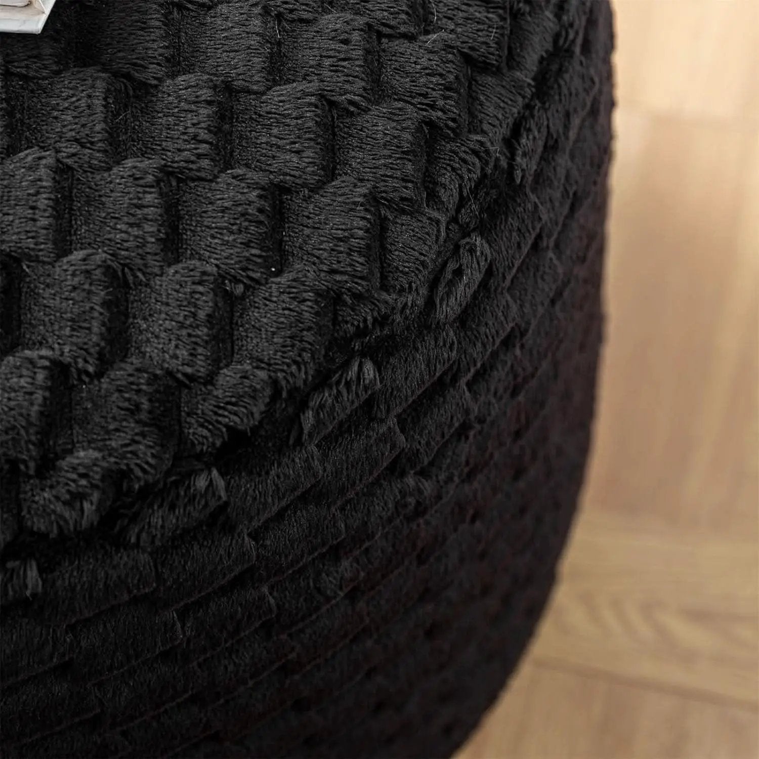 Round Plush Pouf Ottoman 20x12 Inches Black Upholstered from PriceLows™