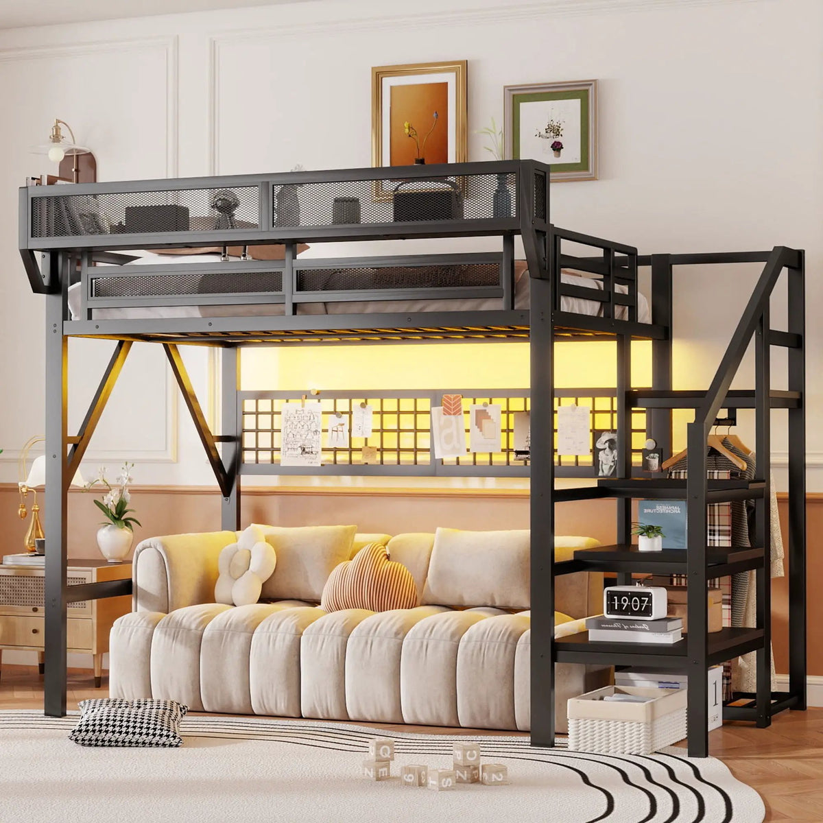 Metal Loft Bed | Integrated Storage Stairs | Upper Safety Shelf