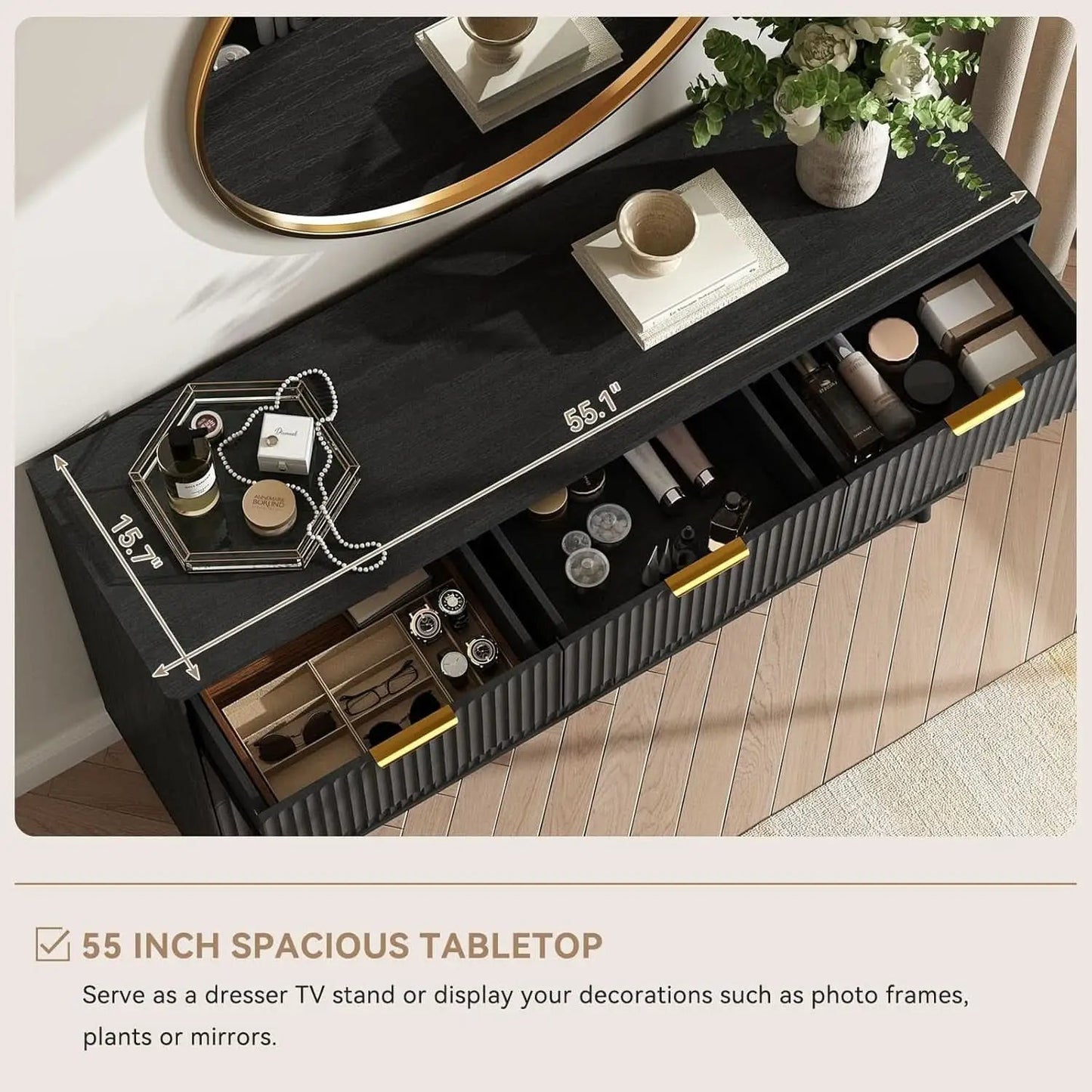 Fluted Nine Drawer Dresser 55 Inch Matte Black With Gold Handles from PriceLows™