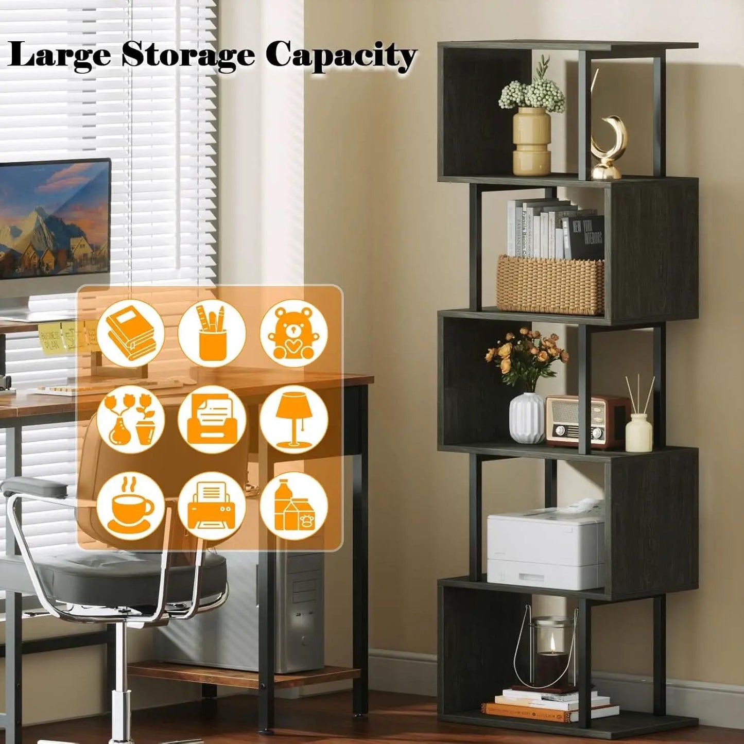 6 Tier Bookshelf Oak Finish Modern Storage Display from PriceLows™