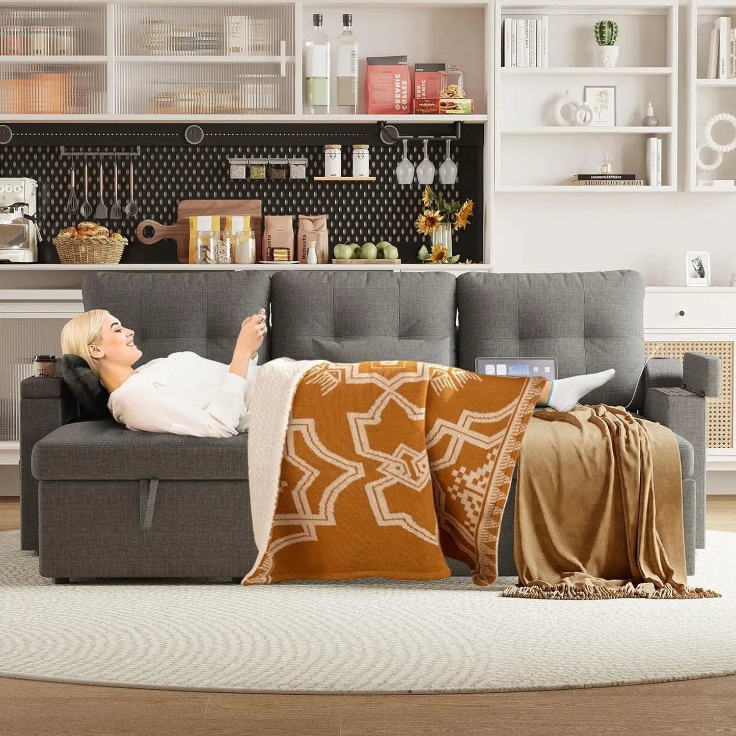 Charcoal LShaped Convertible Sleeper Sofa USB Ports from PriceLows™