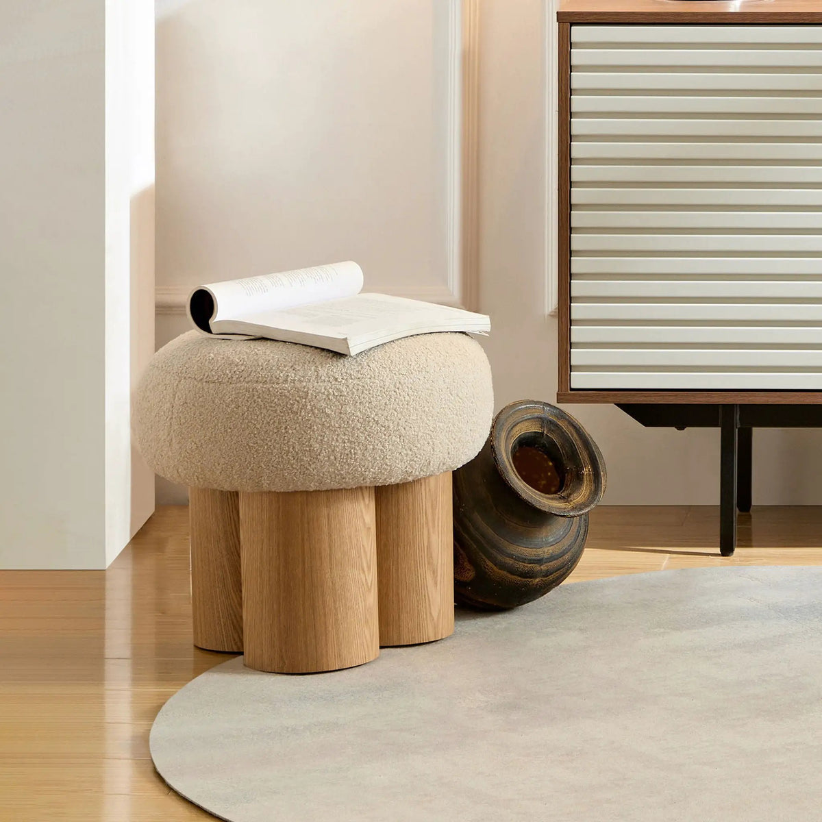 Mushroom Stool With Cushion | Greige Cushion | Wooden Barrel Base | 15.75 Inch Height