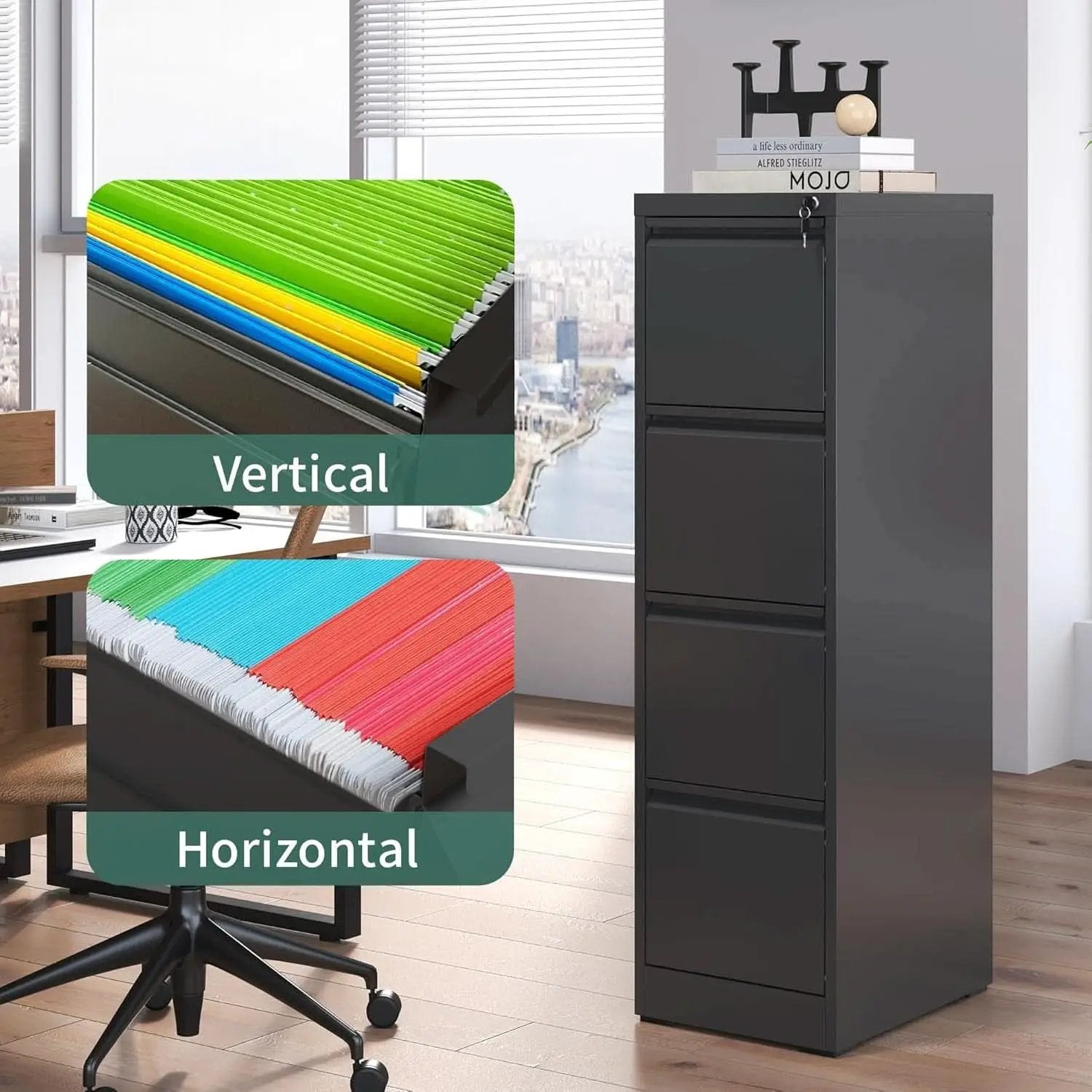 4 Drawer File Cabinet With Lock Black Metal Vertical Filing Cabinet from PriceLows™