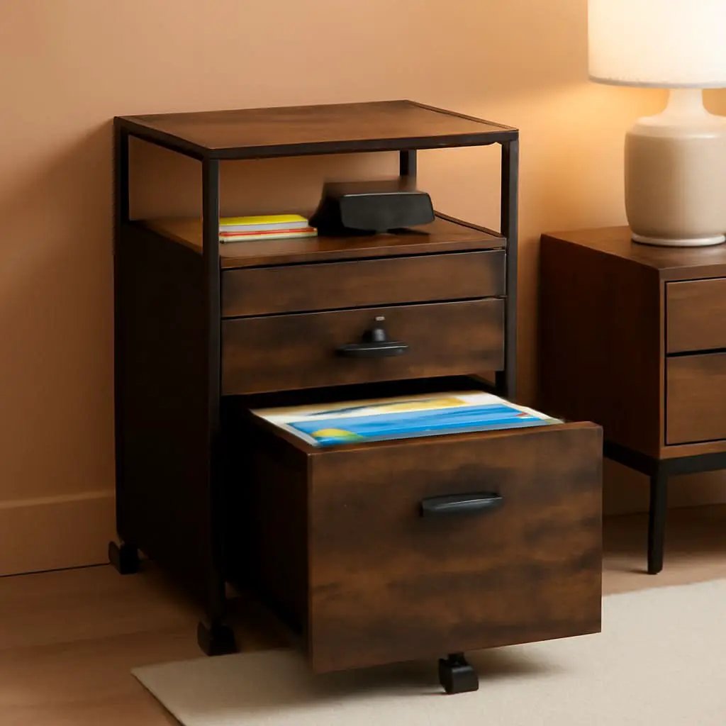Rolling Mobile File Cabinet Drawers Open Shelf Rustic Brown from PriceLows™