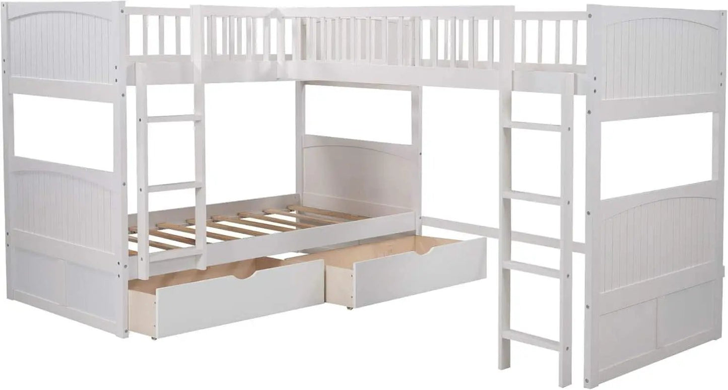 L Shaped Solid Wood Bunk Bed White Twin Over Twin Over Twin With 2 Drawers from PriceLows™