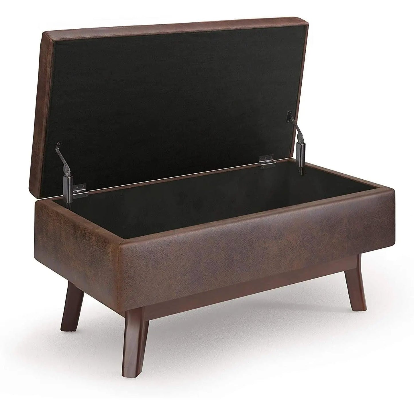 Mid Century Storage Ottoman 36W Chestnut Faux Leather from PriceLows™
