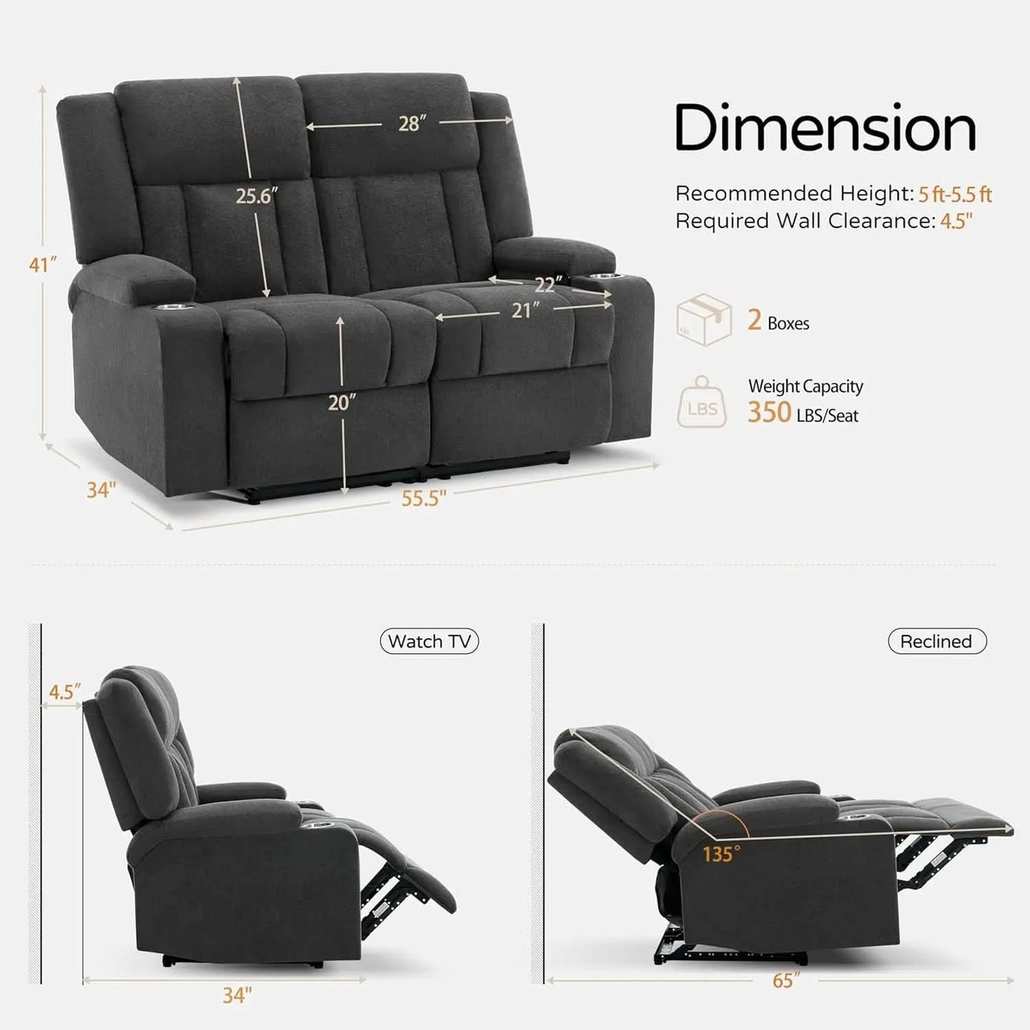 Dark Gray Two Seat Recliner Loveseat With Cup Holders from PriceLows™