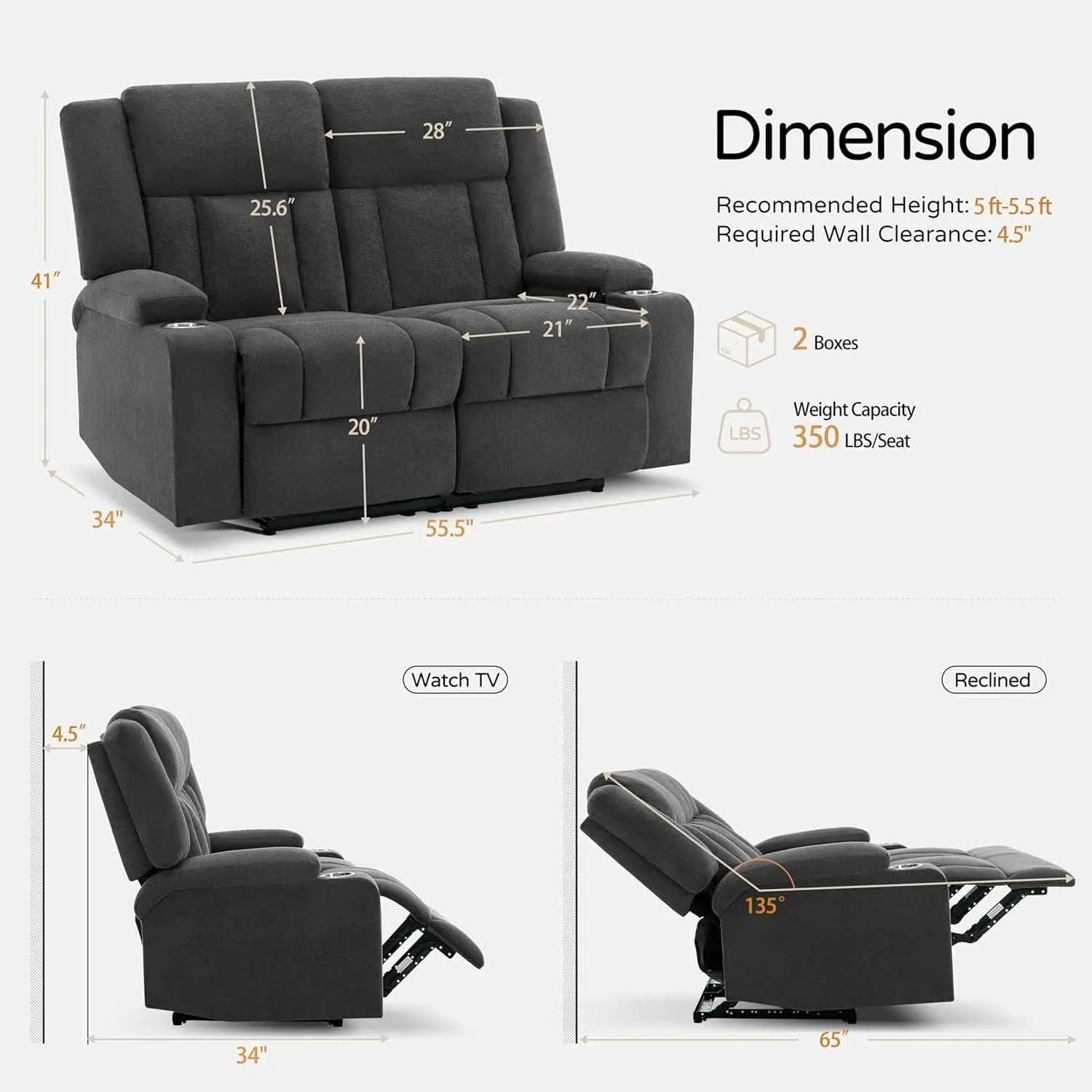 Dark Gray Two Seat Recliner Loveseat With Cup Holders from PriceLows™