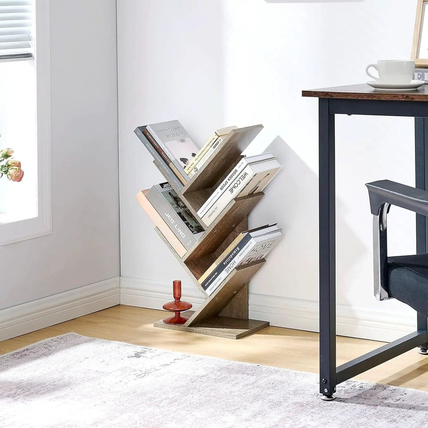 Greige 4 Tier Tree Bookshelf Modern Storage Bookcase from PriceLows™