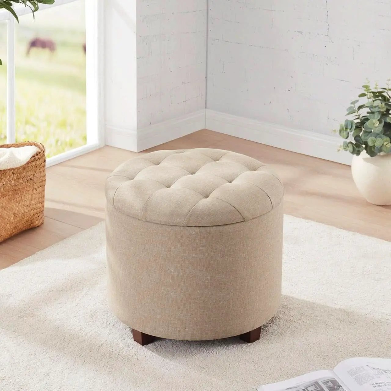 Linen Beige Round Storage Ottoman Living Space Bundle from PriceLows™