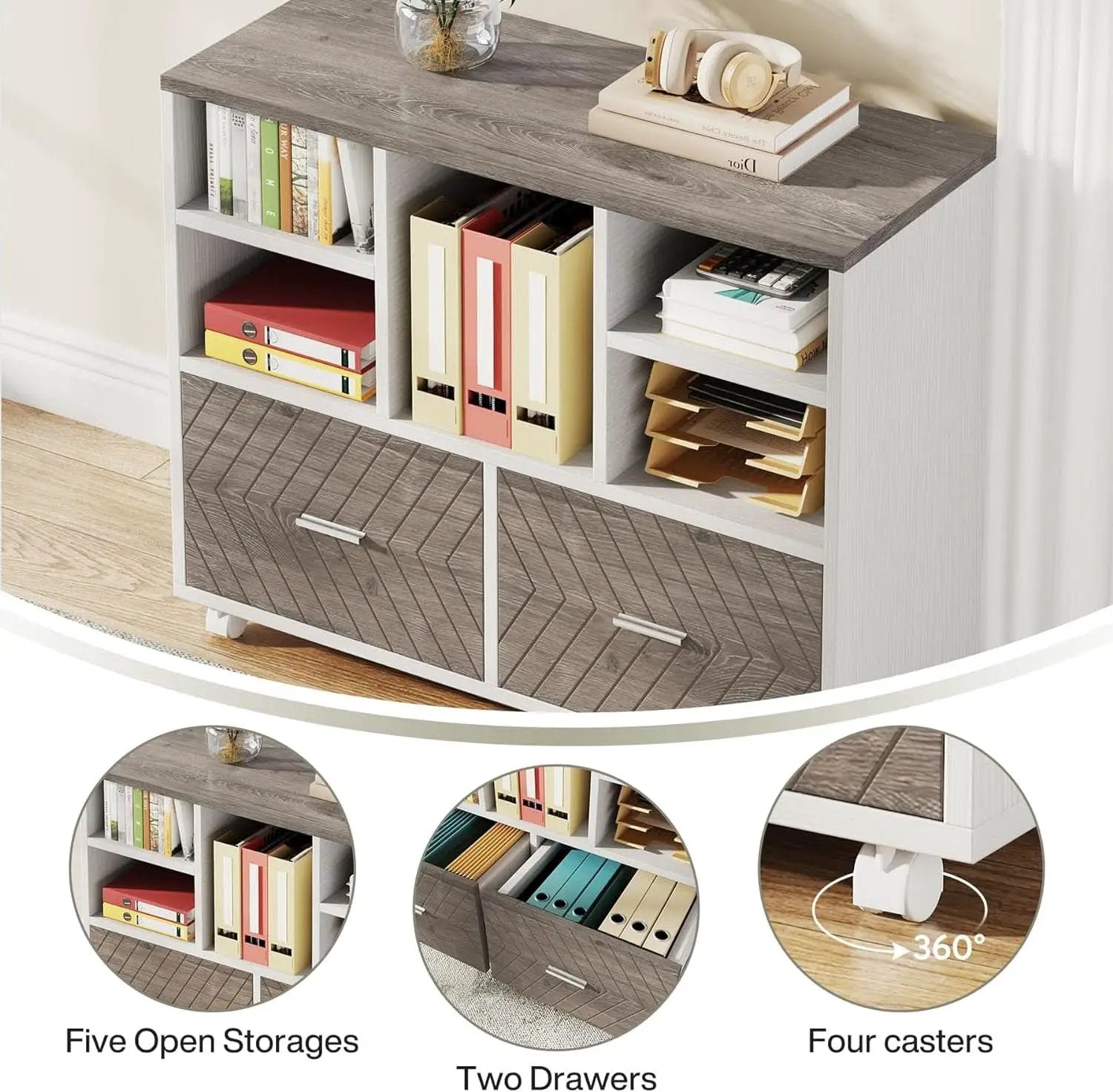 63 Inch L Shaped Desk Gray White With Reversible File Cabinet from PriceLows™