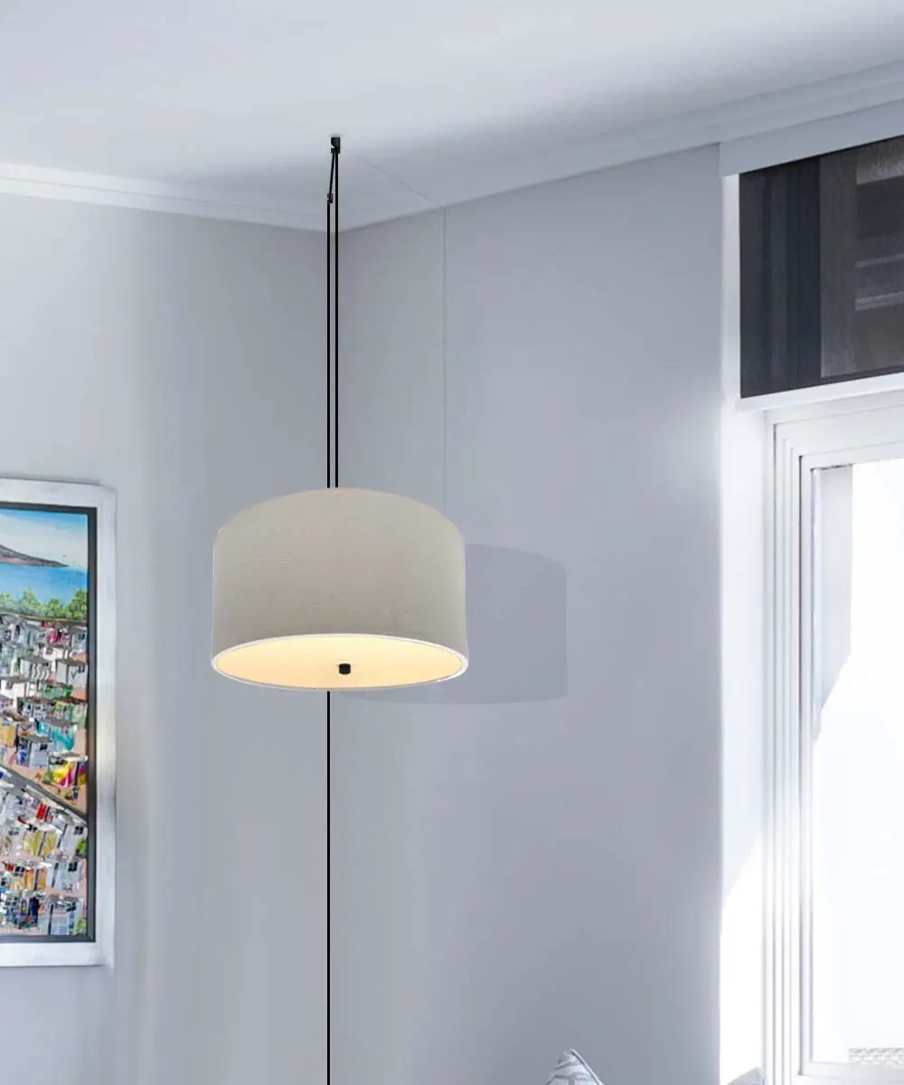 Two Light Swag Plug In Pendant | 16 Inch Drum | Oatmeal Linen | Black Cord
