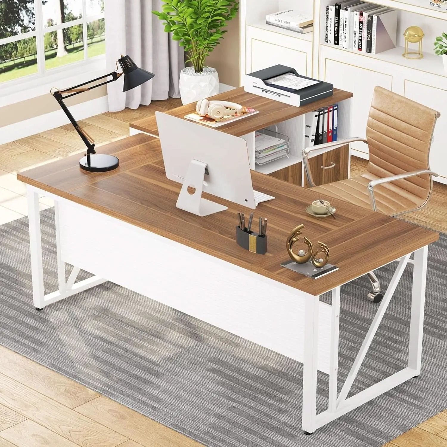 63 Inch L Desk With File Cabinet Walnut White Finish from PriceLows™