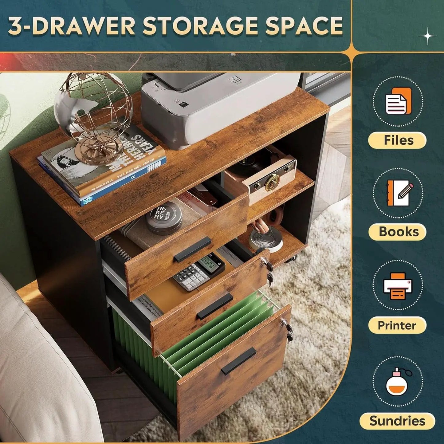 3 Drawer Wood File Cabinet With Lock For Home Office from PriceLows™