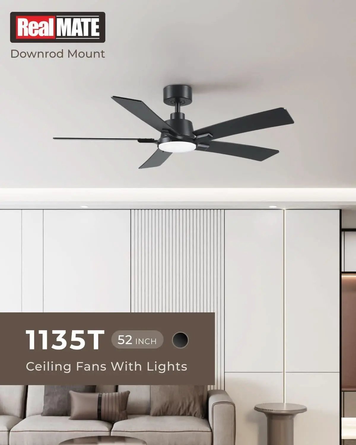 52 Inch Ceiling Fan With Lights Remote Black 5 Blade from PriceLows™