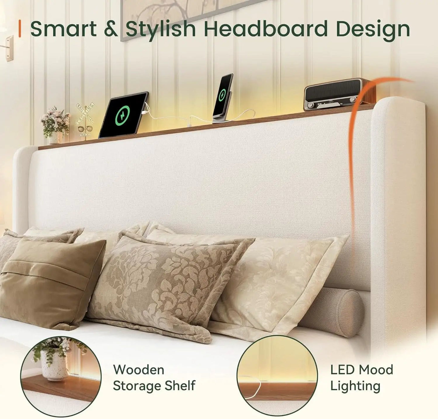 Queen Size Upholstered Bed Frame With LED Lights And USB from PriceLows™