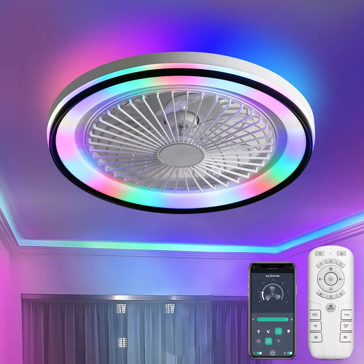 Bladeless Ceiling Fan | RGB Dimmable LED | Flush Mount | 6 Speed Remote Control
