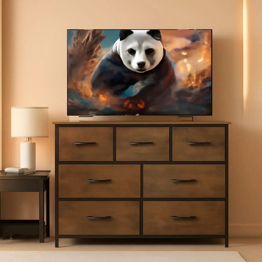 Rustic Fabric Dresser TV Stand With Wood Top And Metal Frame from PriceLows™