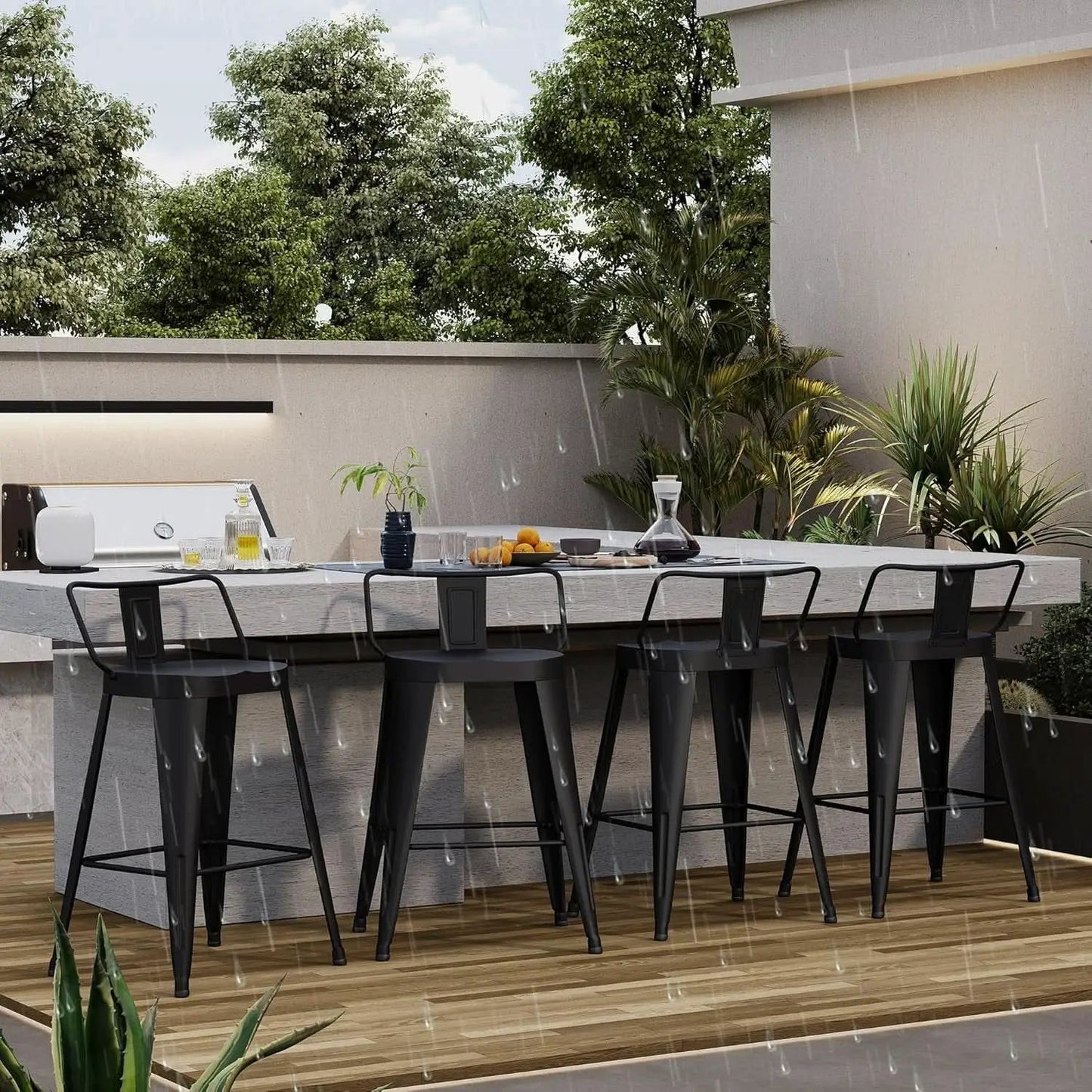 24 Inch Black Outdoor Metal Bar Stools Set of 4 Counter Height Large Ergonomic Seats from PriceLows™