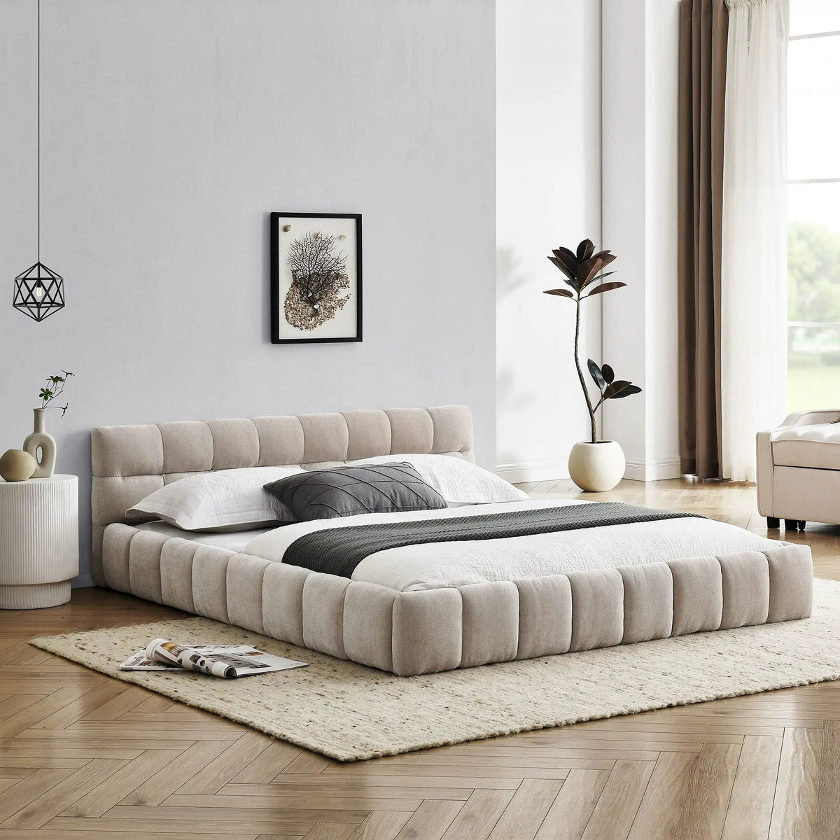 Modern Platform Storage Bed Frame | Thick Fabric Upholstery | Soft Headboard | Solid Construction