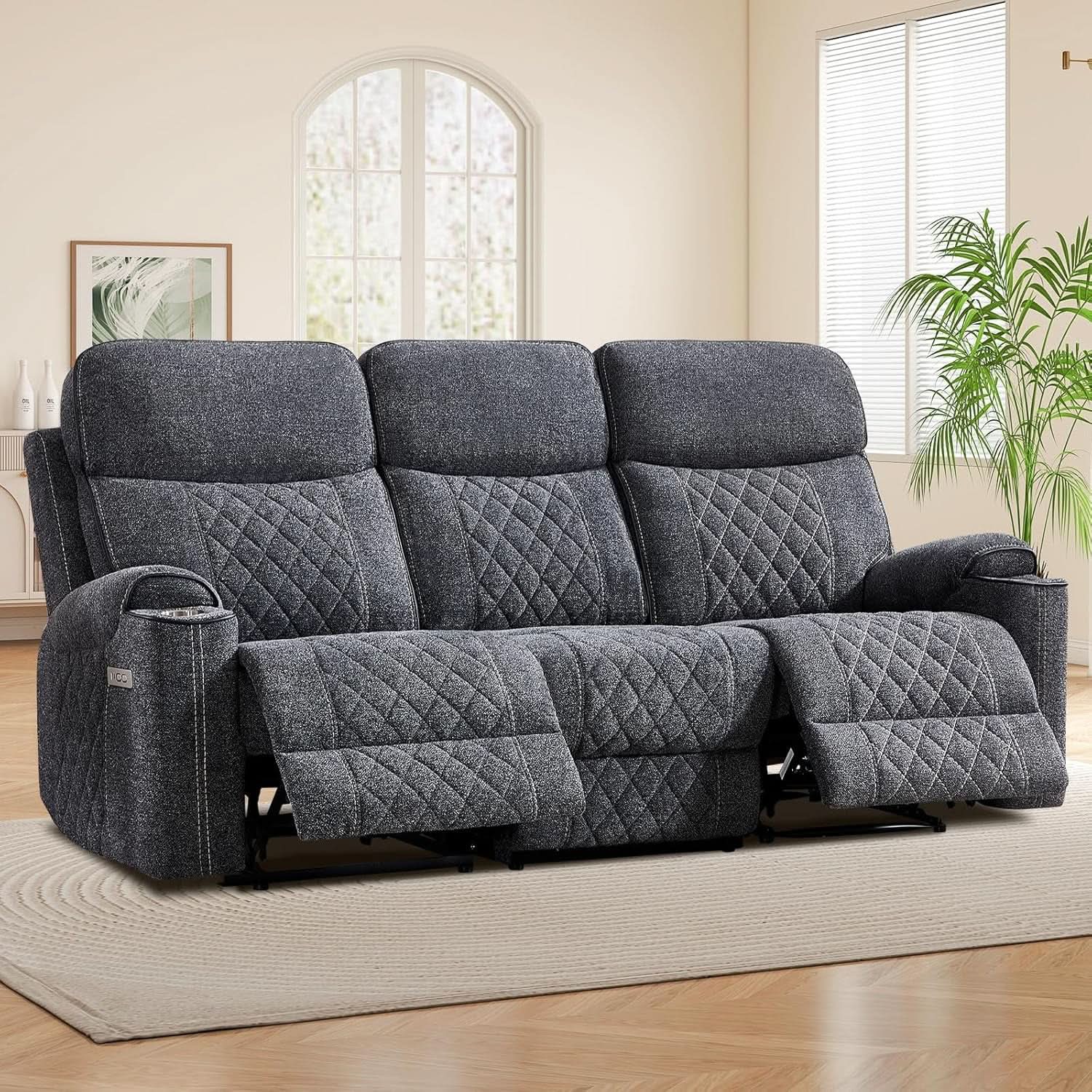 Grey Fabric 3-Seater Electric Recliner Sofa with Cup Holders from PriceLows™