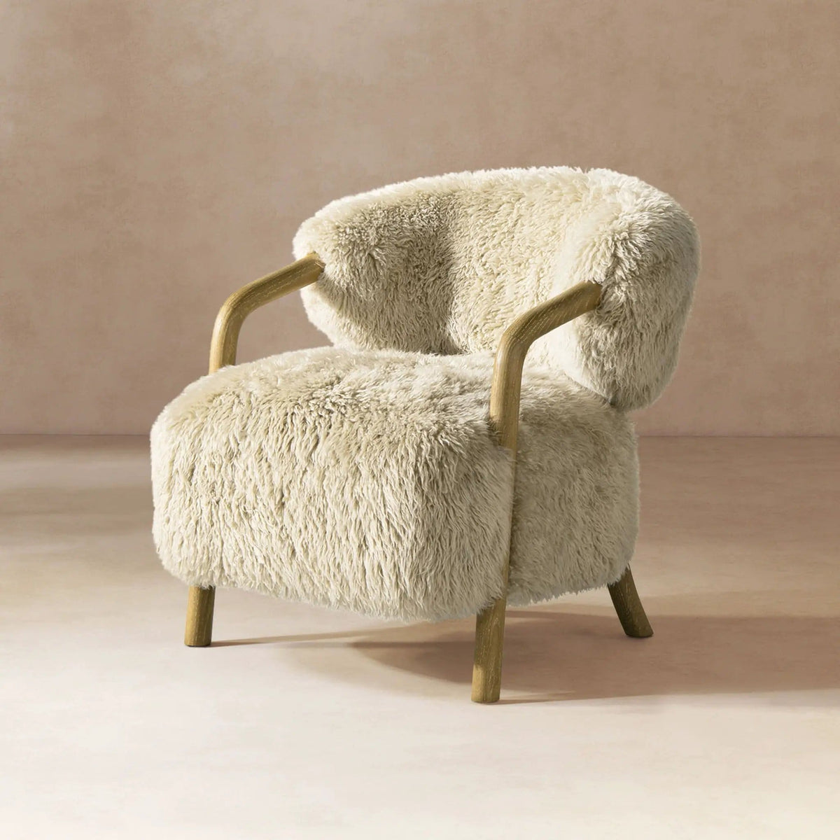 Becker Rustic Oak Sheepskin Upholstered Accent Arm Chair | 31.5 x 28.5 x 30 in | Wood | Taupe Beige