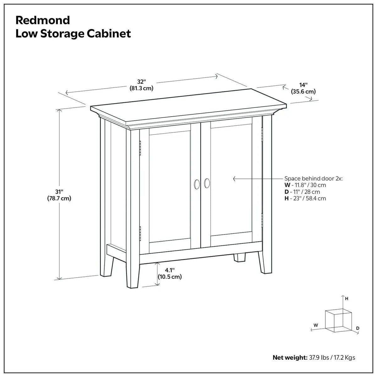 Redmond Low Storage Cabinet | Handcrafted Solid Wood | Tapered Legs | Two Adjustable Shelves