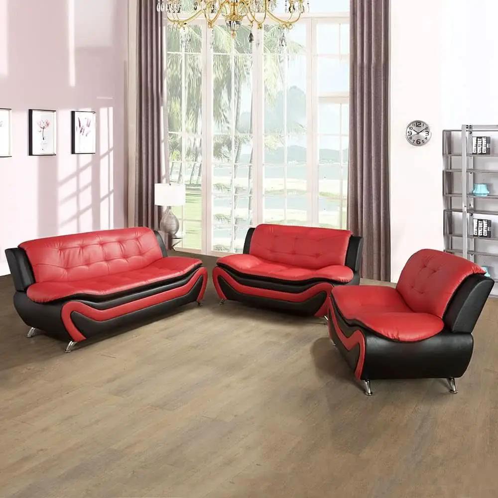 Living Room Sofa Set 3-Piece Faux Leather Black Red from PriceLows™