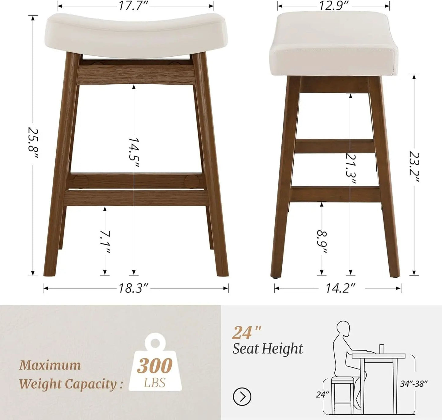 Bar Stools Set Of 2, 24 Inch Antique White Leather from PriceLows™