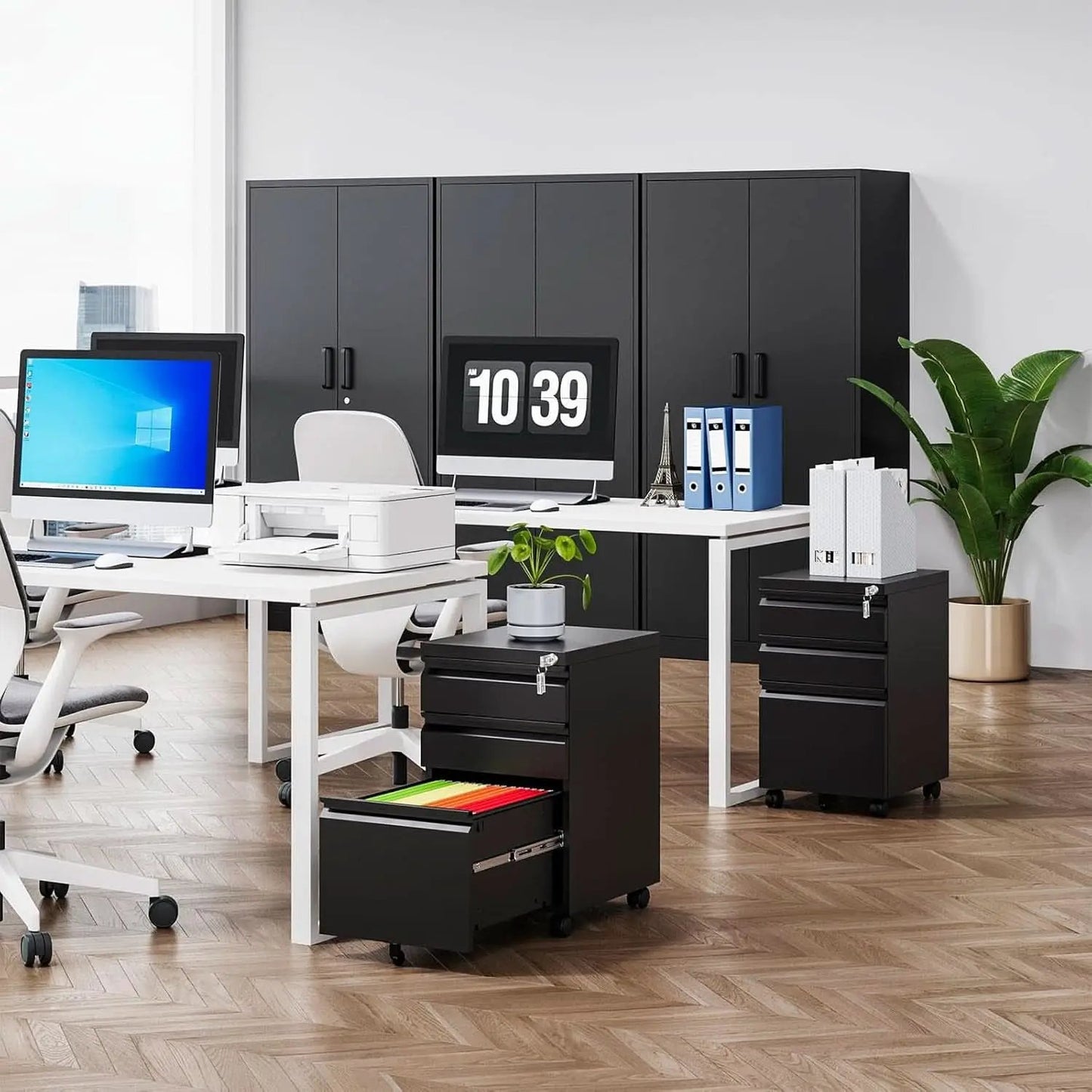 Three Drawer File Cabinet On Wheels With Lock Black Metal from PriceLows™