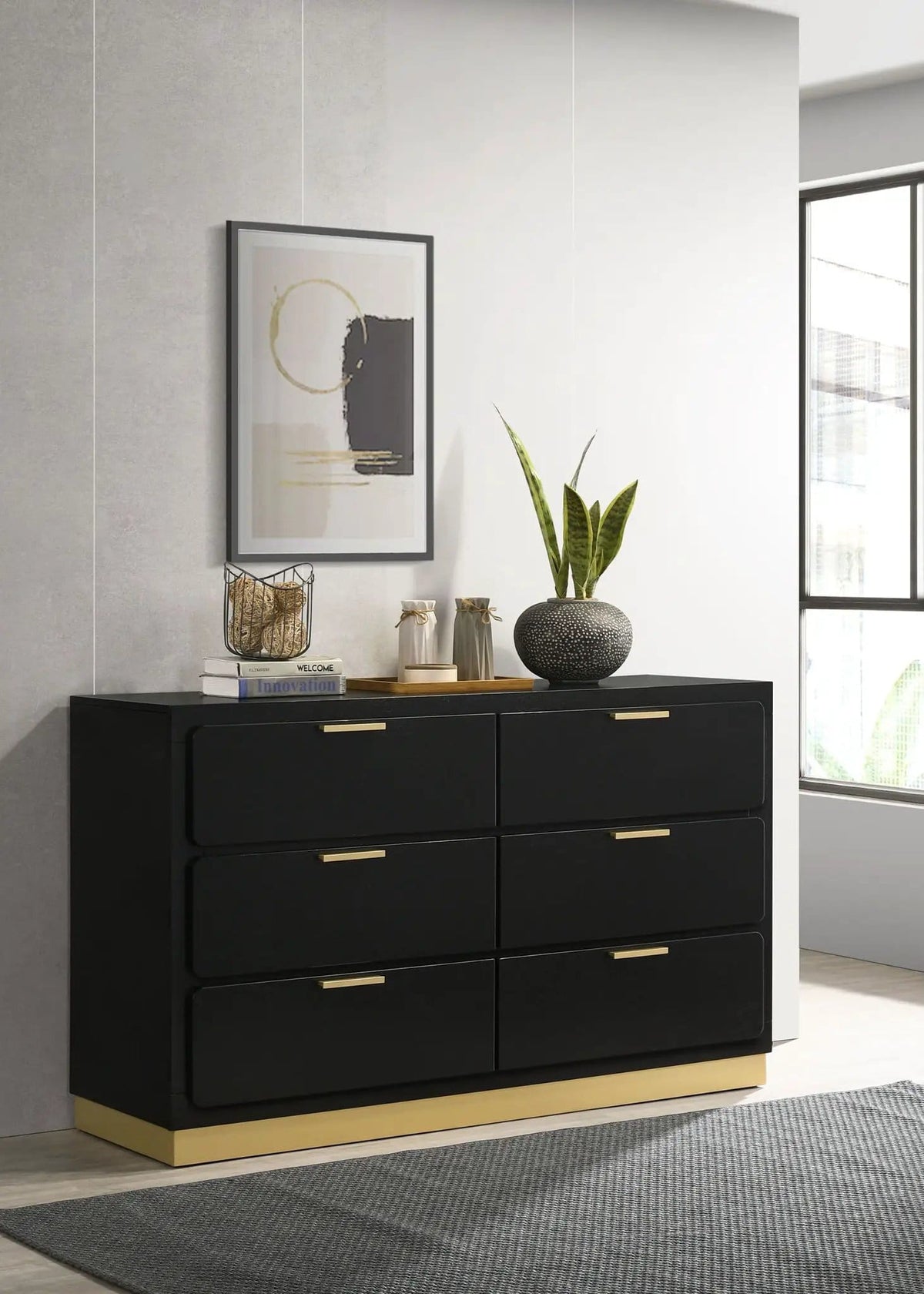 Caraway 6-drawer Dresser | 59 x 17.25 x 34.75 in | Rubberwood & Engineered Wood | Black