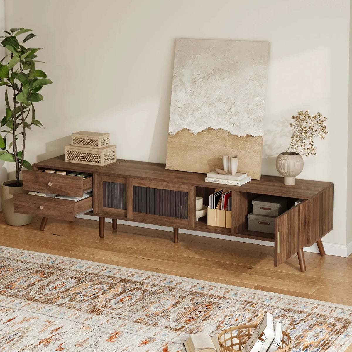 76 Inch TV Stand | Tempered Glass Doors | Two Deep Drawers | Natural Wood Legs