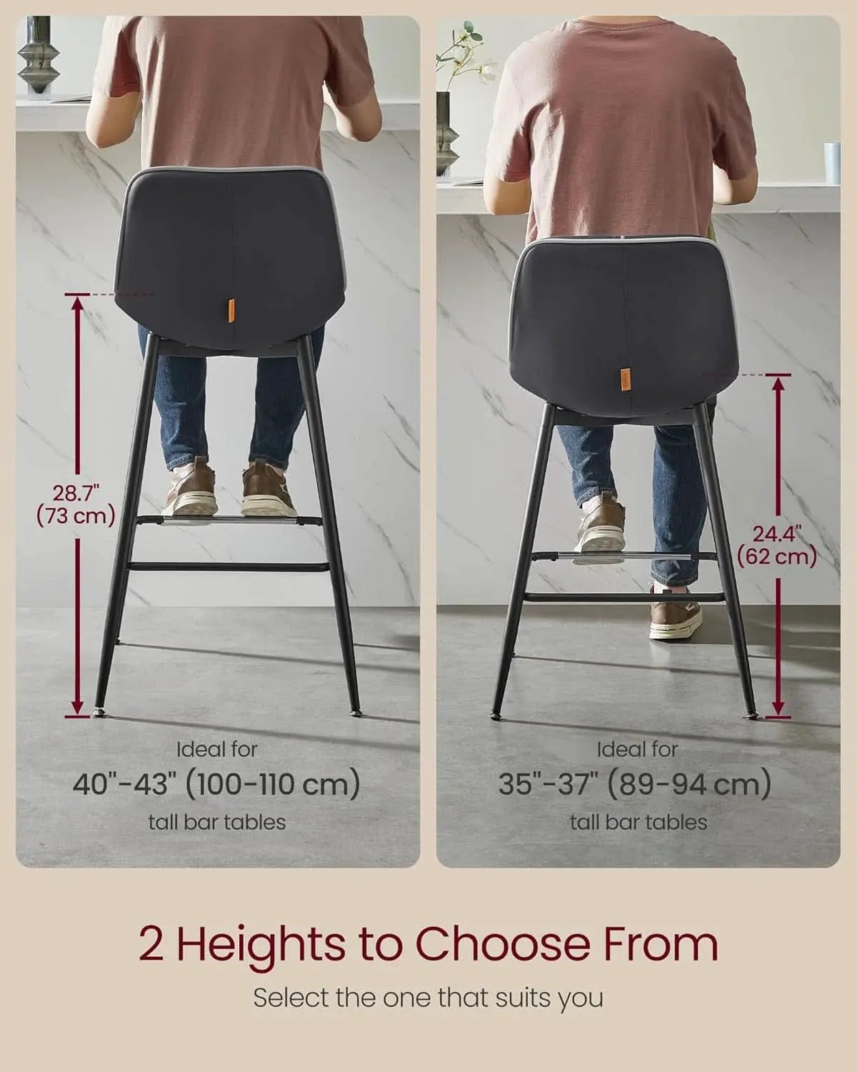Bar Stools Set Of 2 Ink Black Synthetic Leather Bar Height Back Ergonomic from PriceLows™