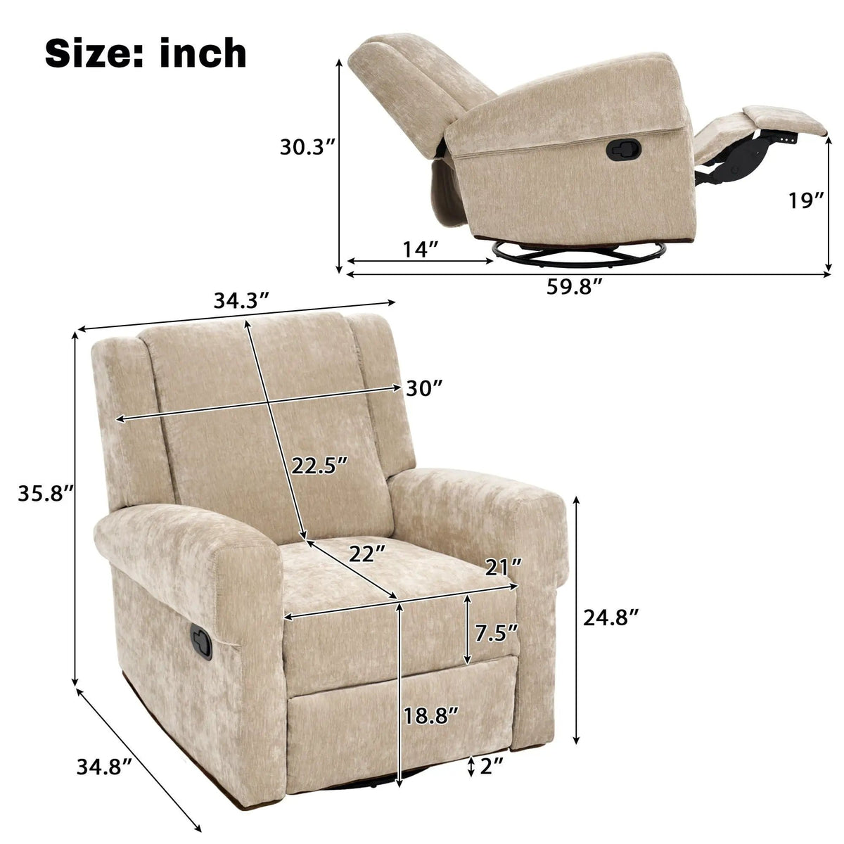 Manual Recliner Chair With Swivel Rocker Function, Dual Recline Angles | 2 Pieces | Iron & Plywood | Living Room