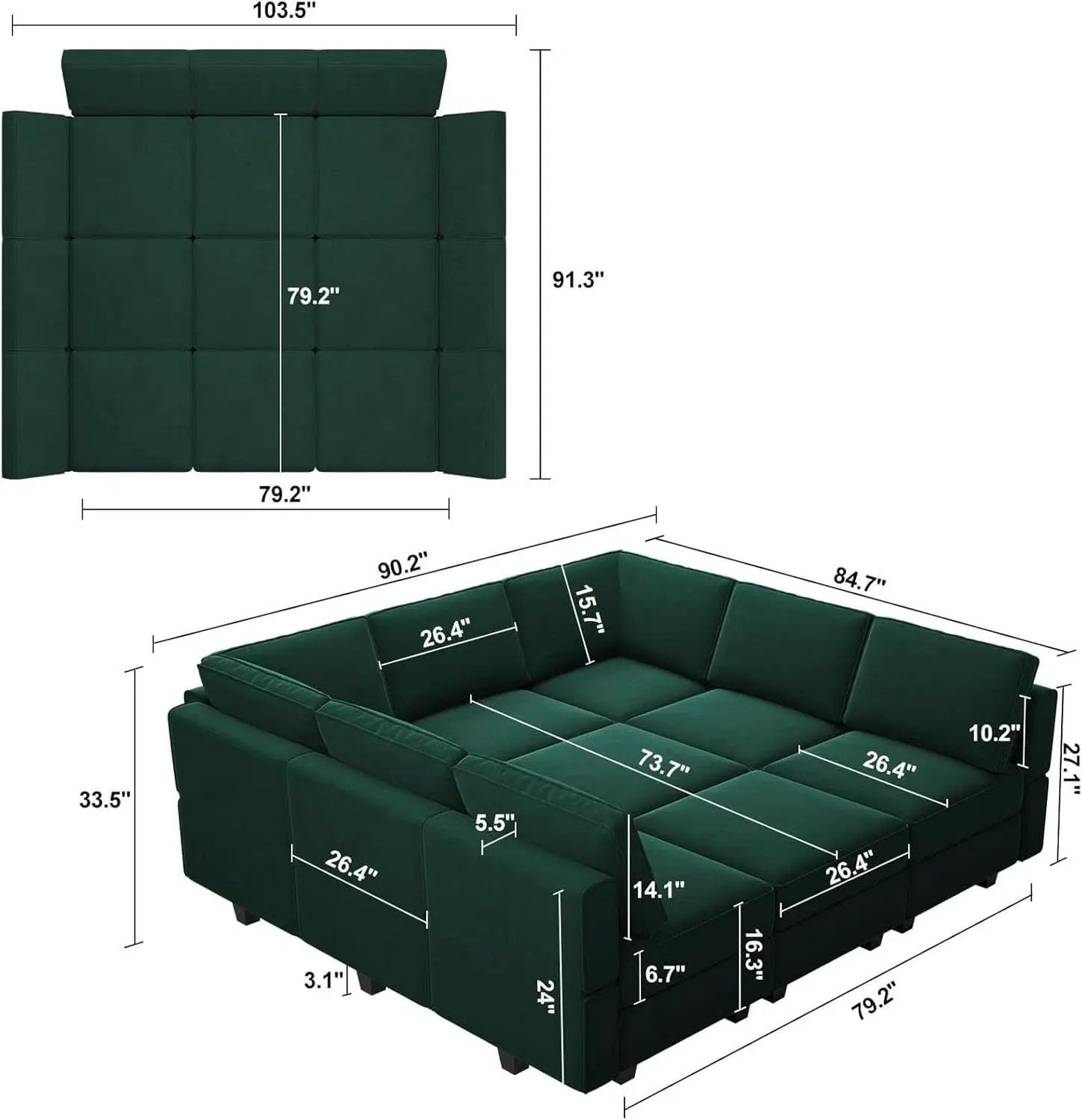 Luxurious Emerald Green Velvet Modular Sleeper Sofa from PriceLows™