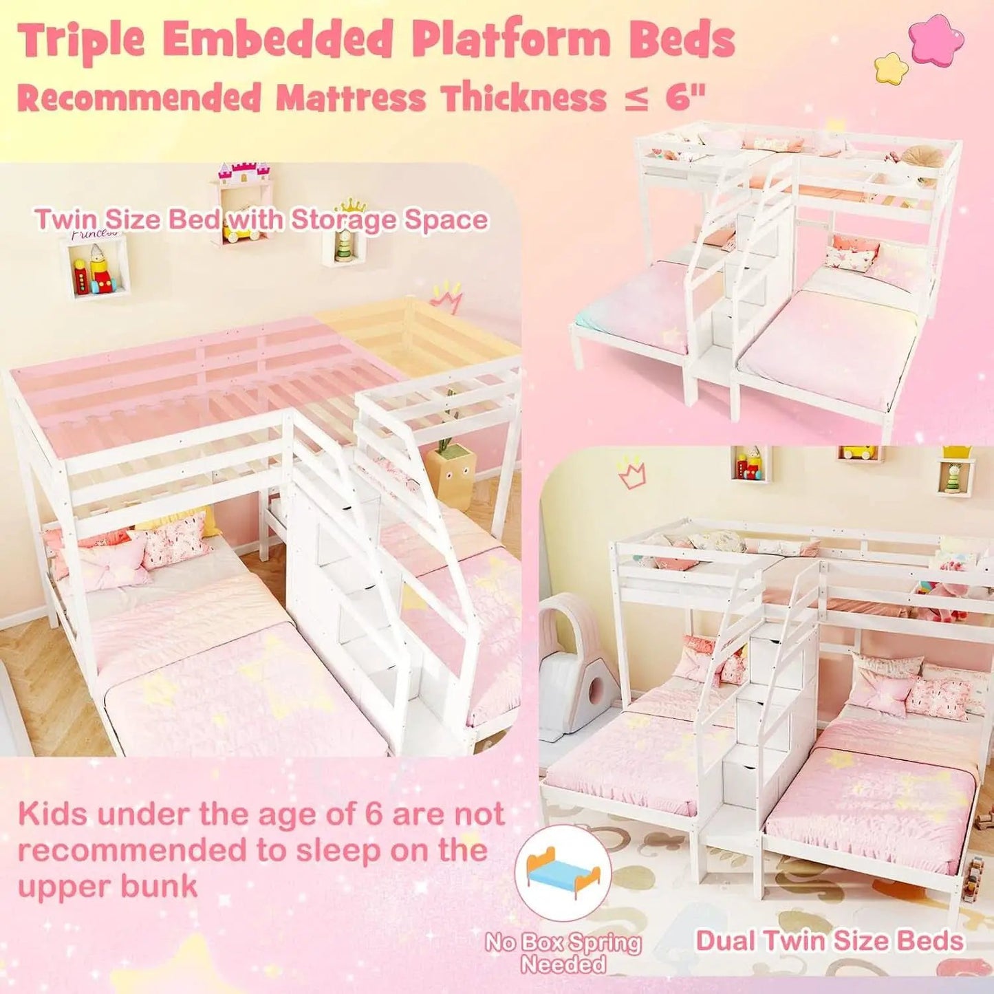 White Solid Wood Triple Bunk Bed With Storage Stair from PriceLows™