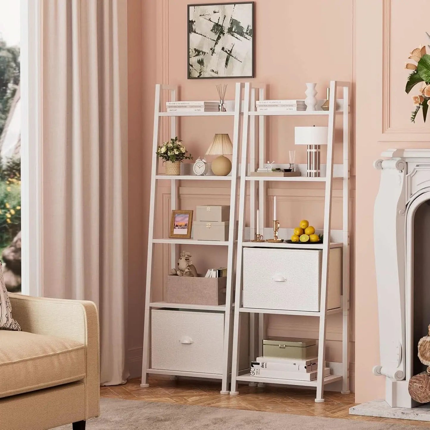 5 Tier White Ladder Shelf With Removable Fabric Drawer from PriceLows™