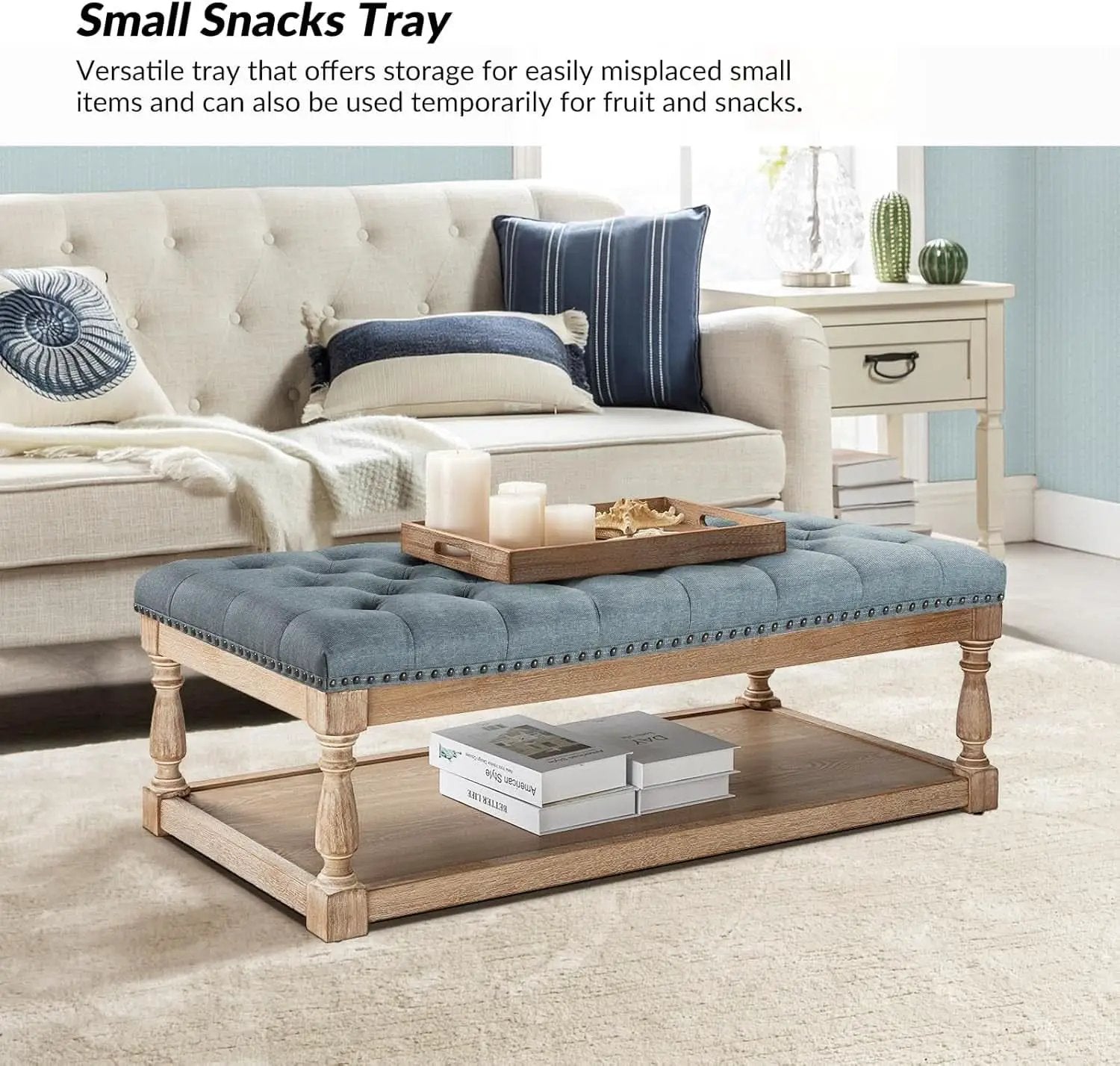 Blue Rectangular Upholstered Ottoman Coffee Table Tray from PriceLows™