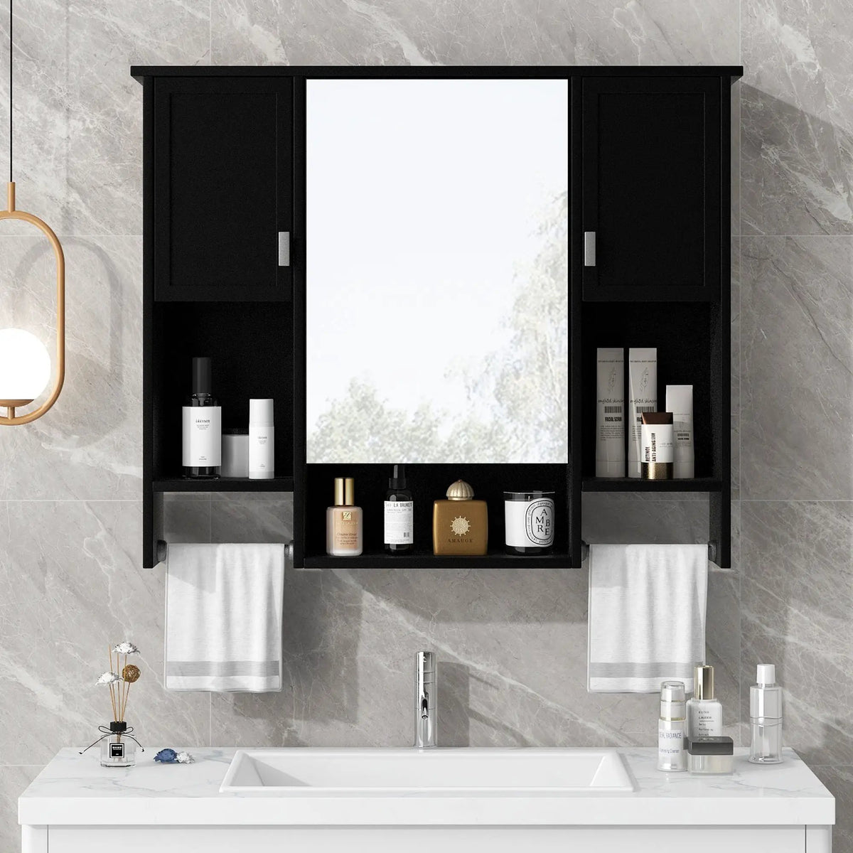 Wall Mounted Bathroom Cabinet With Mirror | Towel Bar | Closed Cabinets And Open Shelves | 35 Inch Width
