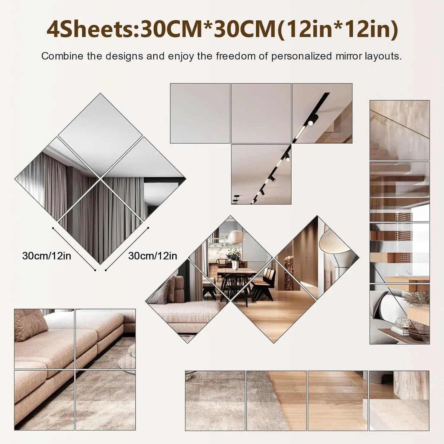 Set Of 4 12x12 Inch Acrylic Mirror Tiles For Wall Decor from PriceLows™