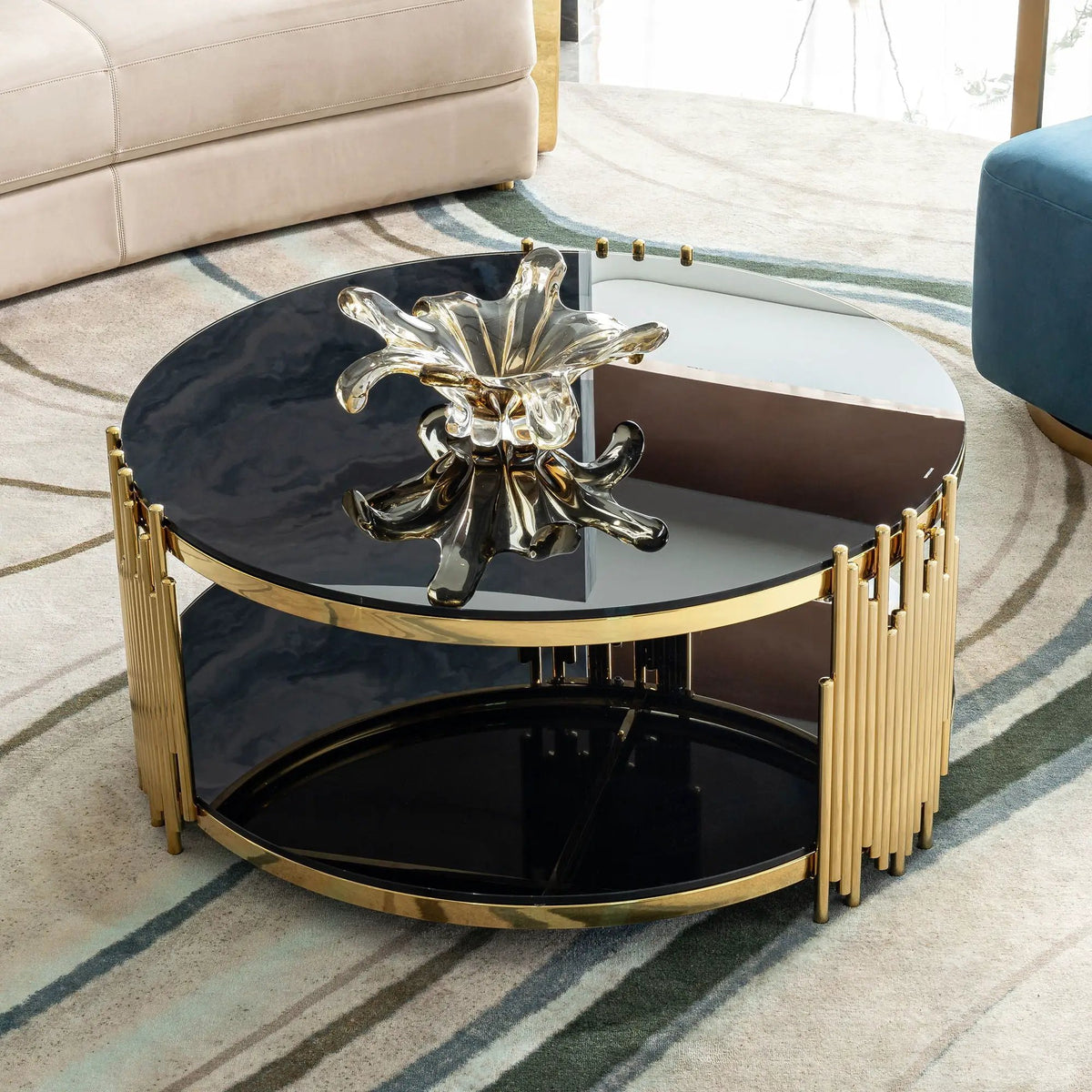 Round Side Table | Double Layer Tempered Glass Top | Mirror Finish Stainless Steel Frame | 21.65 Inch Height