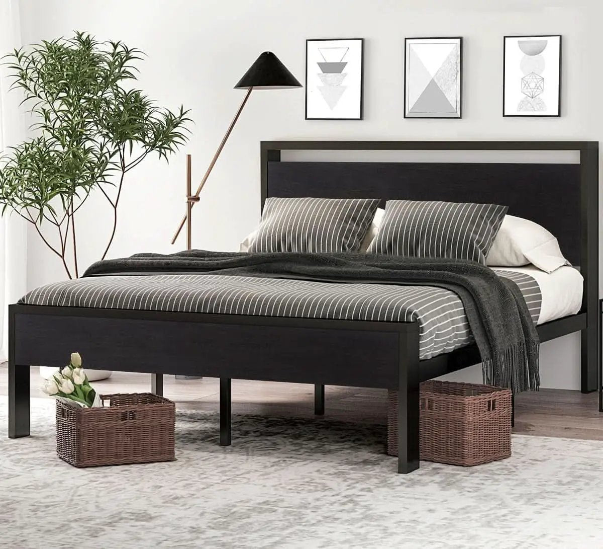 Sturdy Metal Platform Bed Frame With Wooden Headboard 800Lb from PriceLows™