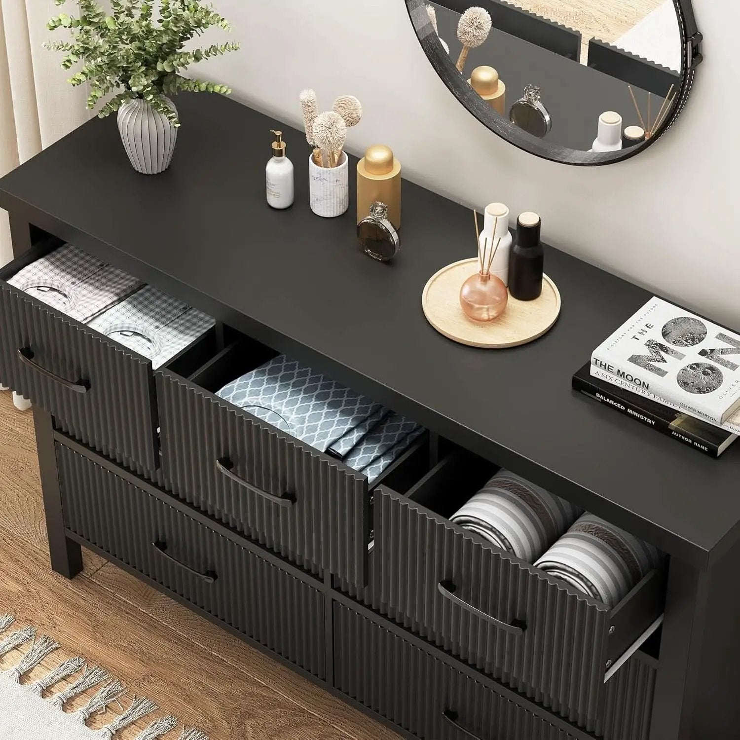 Fluted Contemporary White Dresser With Black Handles from PriceLows™